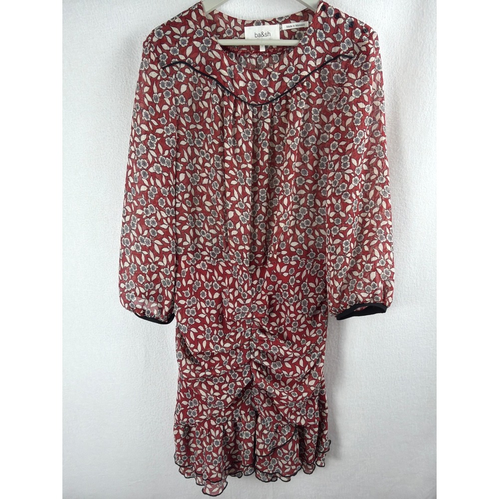 ba&sh Billie Floral Ruched Mini Dress Bordeaux Red Size 3 Large L Lady Dress